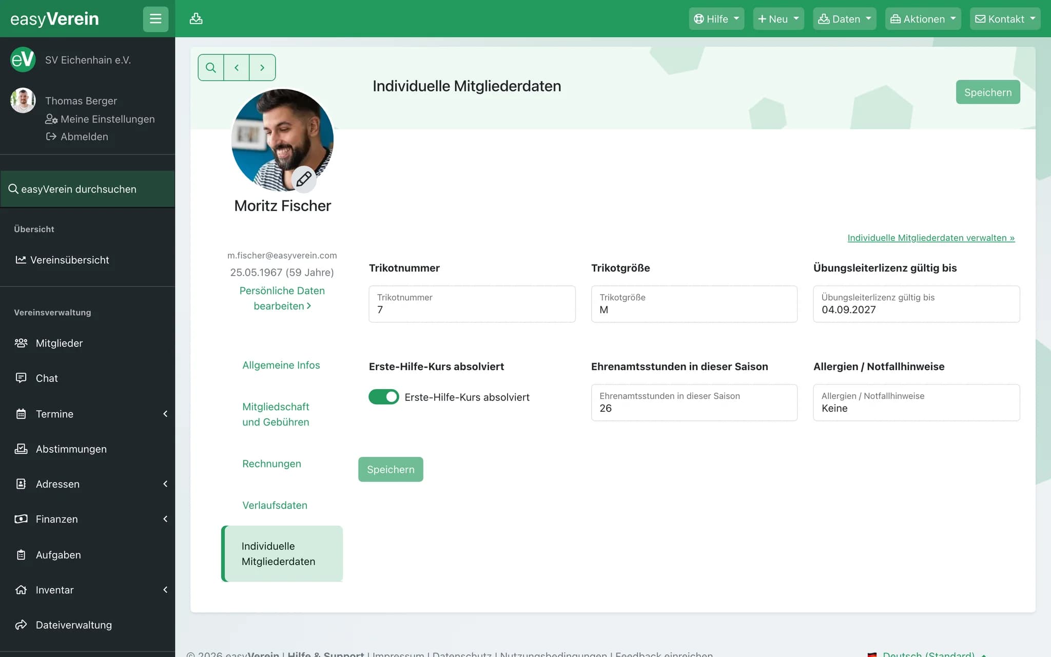 Mitgliederprofil in easyVerein mit dem Bereich „Individuelle Mitgliederdaten“