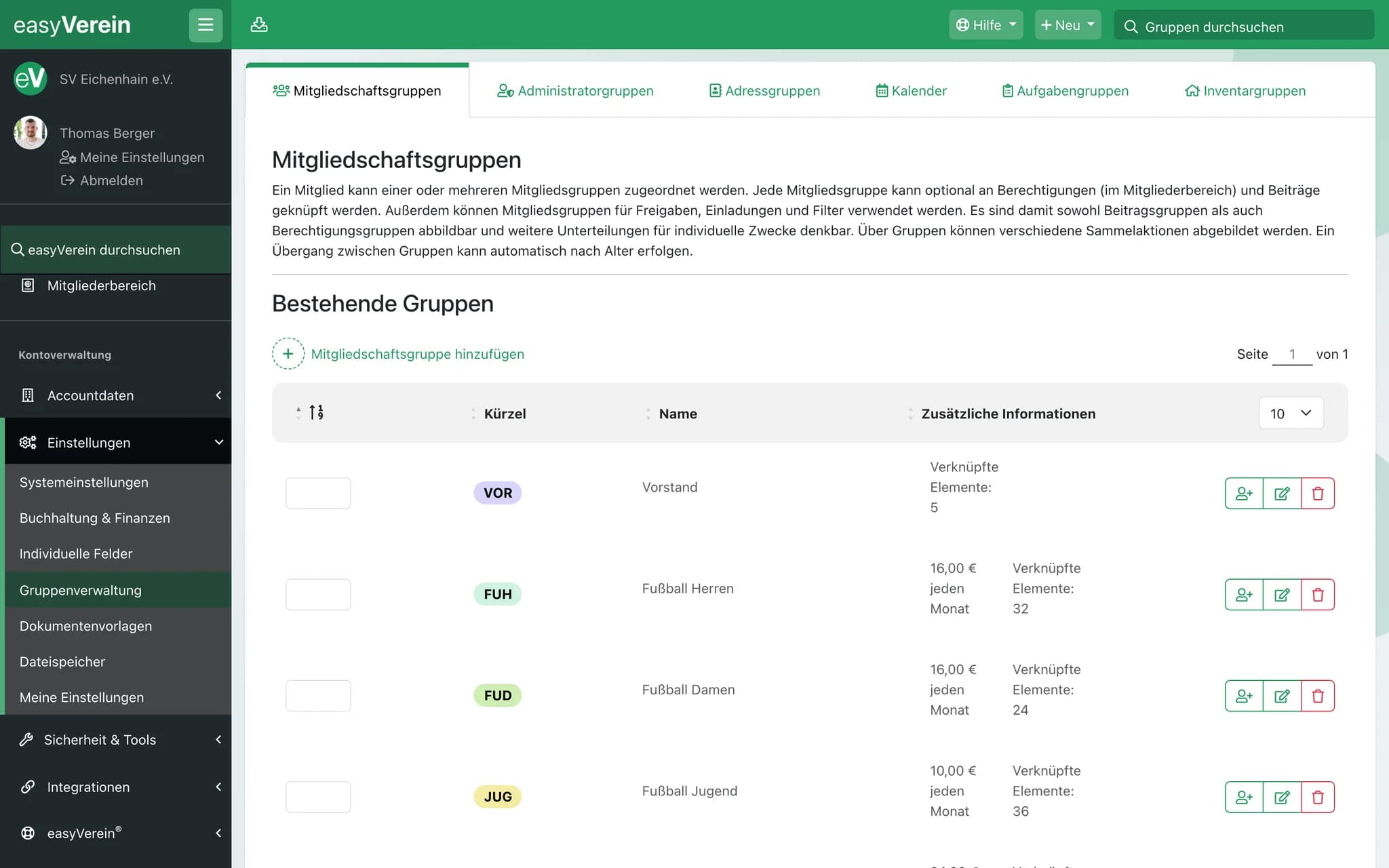 Einstellungen der Gruppen in easyVerein