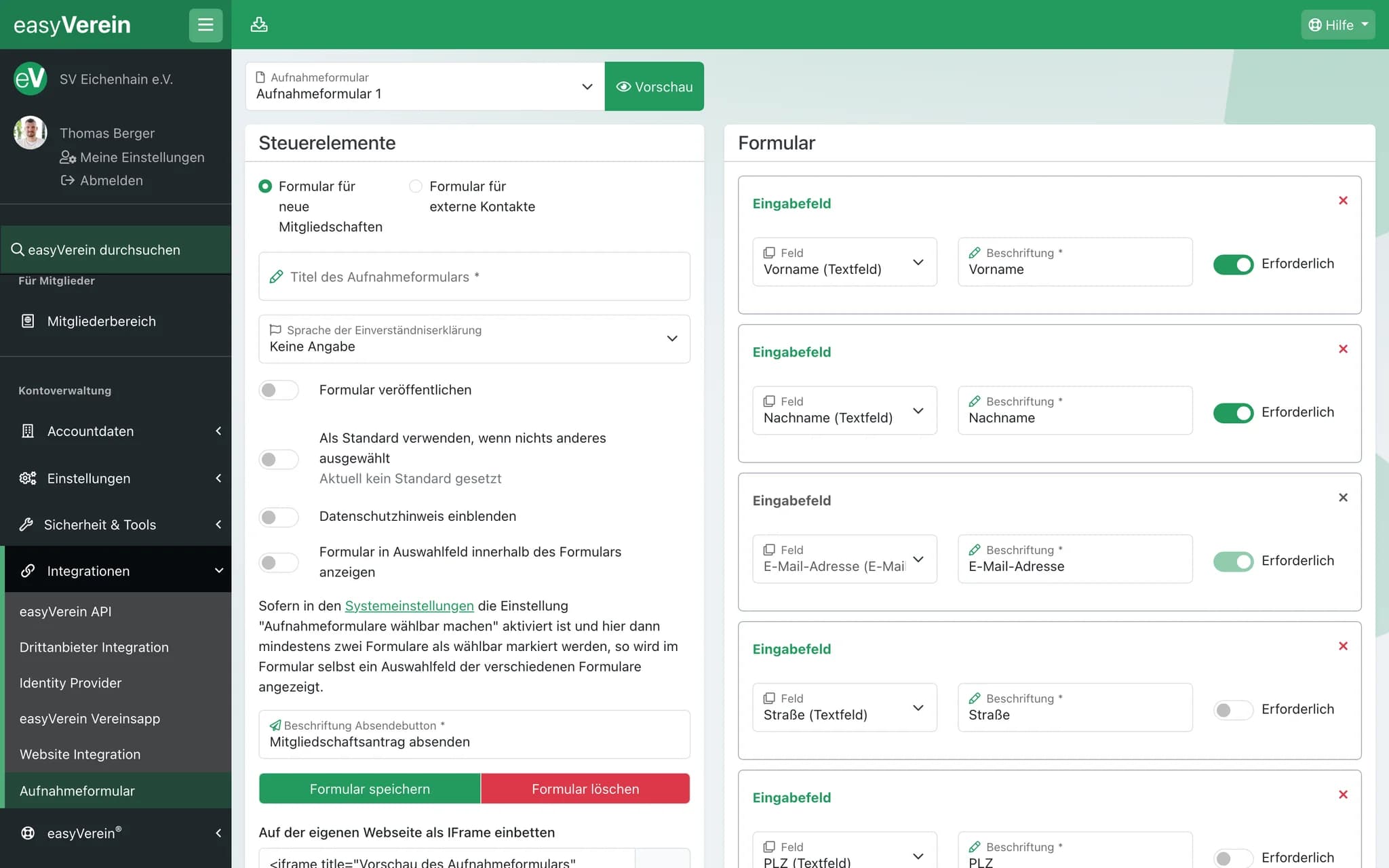 Screenshot Online-Aufnahmeformular